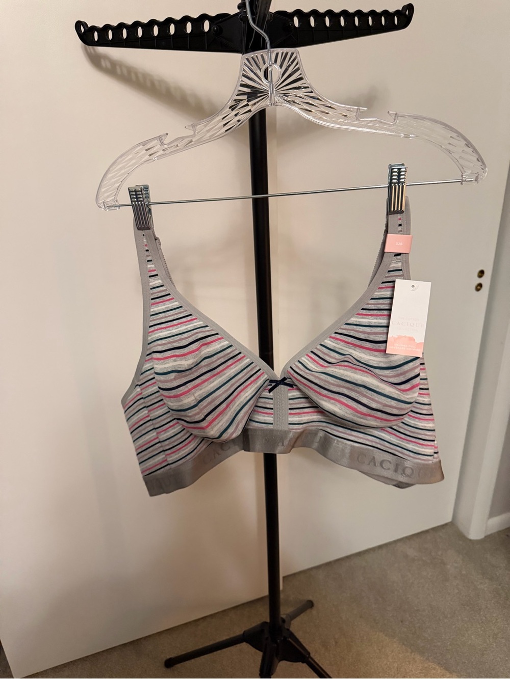 Cacique Gray Striped Wireless Bra with Pink & Blue Accents